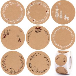 500Pcs Autocollant No&euml;l Papier Kraft &Eacute;tiquette Rond 4cm Autocollant Adh&eacute;sif Sticker 8 Motif Guirlande D&eacute;coratif pour Emballage Cadeau Enveloppe Confiture Bricolage Mariage - Neuf