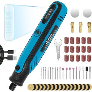 4V Outils Rotatif Multifonction avec Affichage Numérique,5 Vitesses Réglables Outil Rotatif sans fil Avec 69 Accessoires pour Gravure,Perçage,Meulage,Polissage,Découpe,Bricolage (Bleu) - Neuf