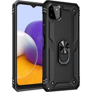 Kal-Coque Pour Samsung Galaxy A22 5g (No 4g) + Hd Verre Trempé, Étui Protection Tpu/Pc Souple Durable Avec Support De 360° Rotation Anneau Antichoc Armor Box Coque, Noir - Neuf