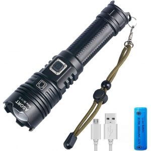 HLJHJ-Lampe torche LED CREE XHP70.2 extrêmement lumineuse 15 000 lumens IPX67 étanche rechargeable par USB 5 modes d'éclairage zoomable pour le camping, la randonnée et les urgences (piles 21700) - Neuf