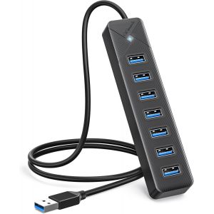 Hub USB 3.0, 7 Ports Adaptateurpour USB Adaptateur 5Gbps, avec Port d'alimentation 5V/3A, Compatible avec MacBook, PS4, Surface Pro, Flash Drive, Mobile HDD,(Câble Noir 50cm) - Neuf
