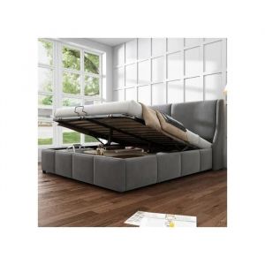 Lit Rembourr&eacute;,Forme Oreille,T&ecirc;te De Lit,Lit Double,Lit Fonctionnel Hydraulique,140 X 200,Gris - Neuf