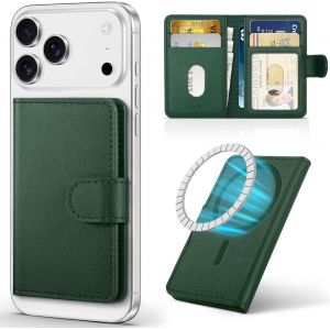 CAUC-Portefeuille Magn&eacute;tique en Cuir V&eacute;ritable [RFID Blocage] Porte-Cartes Adh&eacute;sifs pour iPhone 16 Pro Max/iPhone 16/iPhone 15 Pro Max/iPhone 14/iPhone 13/iPhone 12 Pro Max u2013 Nappa Ch&ecirc;ne Vert - Neuf
