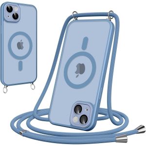Maa-Coque Magnétique Pour Iphone 14 Plus Avec Cordon, [Compatible Avec Magsafe] Etui Translucide Mat Arrière Anti-Jaunissement Antichoc Réglable Portable Lanyard Case Protection, Bleu Clair - Neuf