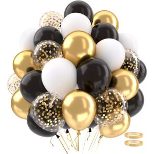 SJZG-62 Pi&egrave;ces Ballons Noir Or Blanc Anniversaire, Helium Ballon Blanc Noir Et Dor&eacute; Confettis Paillette Or Pour Ballon Anniversaire Mariage Deco Gar&ccedil;on Homme Fete Decoration Fete Baby Shower Gar&ccedil;on - Neuf
