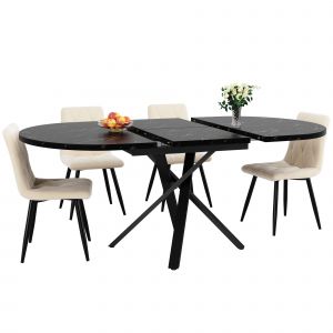 Ensemble de salle &agrave; manger 5 pi&egrave;ces avec table ronde extensible (100-140 cm) et 4 chaises en velours beige - Table &agrave; manger moderne pour 4 &agrave; 6 personnes avec fonction d'extension pratique - Neuf