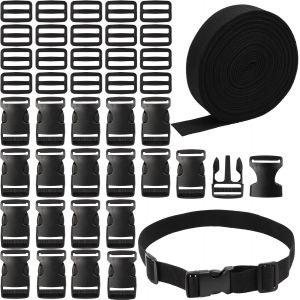 Jgd-Sangle 25 Mm &times; 20 M Nylon Sangle Lourde Avec 20 Paires Boucles En Plastique De Lib&eacute;ration Noires, Boucle R&eacute;glable En Plastique, Diy Couture Artisanat, Pour Sac &Agrave; Dos, Sangle De Valise, Ceinture - Neuf