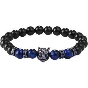 Eryi-Bracelet Charme Pour Homme Garçon, Bracelet Perles Boules Verre Acier Inoxydable Tête De Mort Crâne Couleur Argent Noir Fantaisie Cadeaux Anniversaire Noël Halloween - Neuf