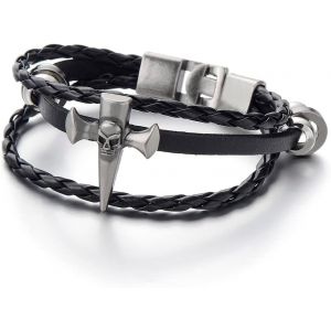 Kal-Cr&acirc;ne Croix - Noir Multi-Brin Homme Femme Bracelet En Cuir Tress&eacute; - Entrelac&eacute; - Envelopper Bracelet - Neuf