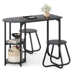 COSTWAY Ensemble Table de Salle &agrave; Manger Industriel 3 PCS 110 x 45 x 78 cm avec 2 Tabourets - &Eacute;tag&egrave;res de Rangement Noir - Neuf