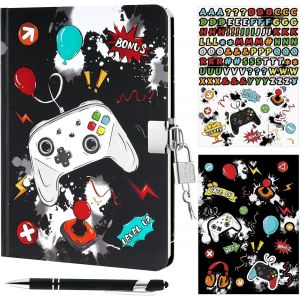 JEXNOVASHOP-Kit de journal de jeu pour gar&ccedil;ons - Journal lumineux pour enfants avec cadenas et cl&eacute;s, journal de jeu pour gar&ccedil;ons avec stylo et autocollants, carnet d'&eacute;criture lign&eacute; A5 pour jeux vid&eacute;o - Neuf