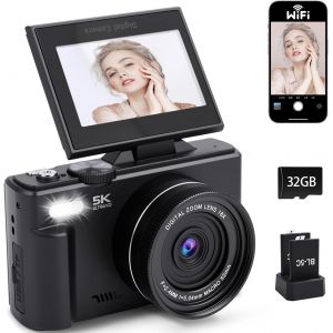 Appareil Photo Num&eacute;rique 5K Digital Avec Wifi, Small Digital Camera 18X Digital Zoom &Agrave; &Eacute;cran Rabattable &Agrave; 180&deg; Appareils Photo Compact Avec Station De Charge, 2 Batteries, Carte 32 Gb Pour D&eacute;butants - Neuf