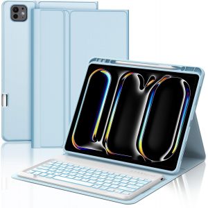 Coque Clavier Ipad Pro 13 Pouces 2024, R&eacute;tro&eacute;clairage Diy 7 Couleurs, D&eacute;tachable Sans Fil Bluetooth Azerty &Eacute;tui Clavier Avec Porte-Style Pour Ipad Pro 13 M4 2024, Bleu Ciel - Neuf