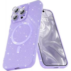 Kal-Coque Magn&eacute;tique Pour Iphone 16 Pro Max Etui &Agrave; Paillettes Brillant Compatible Avec Magsafe Charge Sans Fil Housse De Protection Antichoc Pour Appareil Photo Glitter Silicone Tpu Souple,Mauve - Neuf