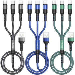 KALANKA-C&acirc;ble Multi USB, 3 en 1 C&acirc;ble Universel [1.2M, Lot de 3] Multi USB C&acirc;ble de Chargement en Nylon avec Micro USB Type C Lightning C&acirc;ble pour iPhone, Samsung Galaxy S23, Huawei, Honor, OnePlus - Neuf