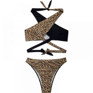 Séduisant Léopard Dames Séparé Bretelles Croisées Taille Haute Bikini Maillot De Bain Bretelles Bretelles Maillot De Bain 2 Pièces(L) - Neuf
