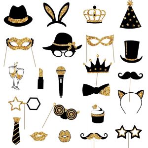 24pcs Accessoires Photobooth De Fête, Photobooth Anniversaire Or Noir, Kit Photobooth Mariage Dcorations, Mélange De Chapeaux, Verre À Vin, Rouge À Lèvres, Cravate, Pour Fêtes De V[Kit6512724] - Neuf