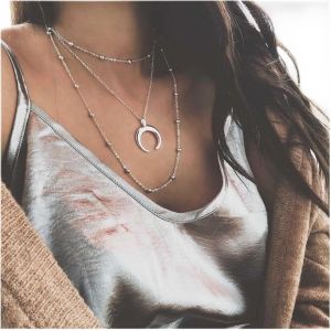 Kal-Collier Ras Du Cou Croissant De Lune Boho Argenté Collier Pendentif Lune Vintage Collier Croissant De Lune Multicouches Collier Chaîne Boule Satellite Bijoux Pour Femmes Et Filles - Neuf