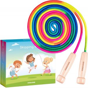 Meimie-Longue Corde À Sauter Enfants,5m Enfant Corde À Sautermanche En Bois Réglable 7 Couleurs Arc-En-Ciel Corde À Sauter Jeu De Plein Air,Pour Anniversaire Fête Des Enfants - Neuf