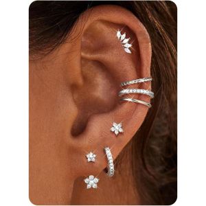 Kalhx-7 Paires Boucles D'oreilles En Argent 925 Pour Dames18 Carats En Or Boucles D'oreilles À Clips Créoles Set En Argent Avec Ear Cuff Fake Piercing Helix Cartilage Tragus Conch Piercings - Neuf