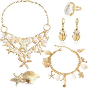 Eryi-Colliers Coquillage Femme Étoile De Mer Bracelet Coquillage Pince À Cheveux Bague Boucle D'oreille Hawaien Boheme Perles Collier Ras De Cou Chaine De Chevill Bijoux De Plage D'été 5 Pièces - Neuf