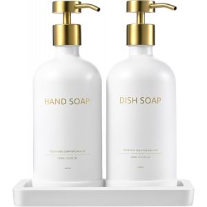 ERYI-500Ml Distributeur De Savon En Verre Avec Plateau Distributeur, Distributeur Savon Verre, Distributeur De Savon Set, Convient Pour La Cuisine, La Douche(Flacon Blanc + Tête Dorée) - Neuf