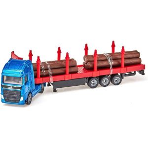ERYI-1659 - Camion De Transport De Bois, 1:87, Métal/Plastique, Bleu/Rouge, Troncs D'Arbres Inclus - Neuf