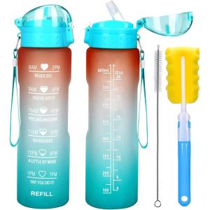 Flacon D'eau Xacioa 1 Litre 32oz Avec Paille Et Marqueur De Temps D'excitation,Bouteille De Sport De Boisson En Plastique Tritan Étanche,Camping,Randonnée Sans Bpa - Neuf