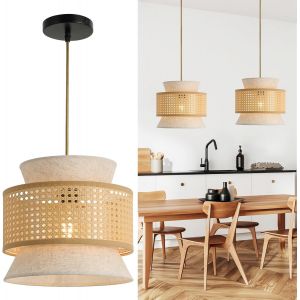 Suspension Rotin + Tissu - Vintage Boh&egrave;me Plafonnier &Oslash;29 Cm,E27 Max 60W Pour Table &Agrave; Manger,Salon,Chambre,Salle &Agrave; Manger,Couloir,Cuisine - Marron/Blanc - Neuf