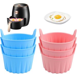 6PCS Moule Silicone pour Air Fryer Avec Poign&eacute;e-Plat Facile &agrave; Nettoyer et &agrave; D&eacute;tacher pour Friteuse &agrave; Air,Four et Micro-Ondes 7&times;7&times;6CM (Bleu+Rose) - Neuf