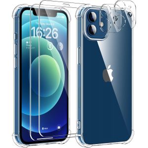 5 En 1 Coque Pour Iphone 12 Avec 2 Verre Tremp&eacute; Et 2 Cam&eacute;ra Protecteur, &Eacute;tui De Protection Antichoc Avec Coussin D'Air Int&eacute;gr&eacute; Mince Bumper Housse - Transparente - Neuf
