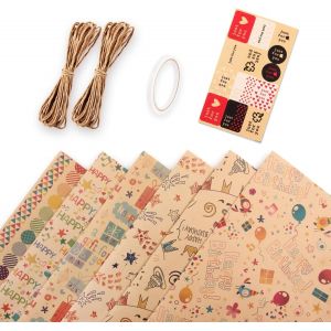 Feuilles Papier Cadeau Kraft,6 Feuilles 50 * 70cm Papier Cadeau D'anniversaire Papiers Cadeaux Recycle Avec Étiquettes+Ruban Adhésif Double Face+Corde De Paille Pour Sacs Cadeaux Emballage Décoration - Neuf