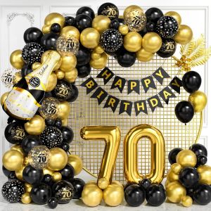 CAUC-D&eacute;corations pour 70e Anniversaire, Kit Arche Ballons Noir Dor&eacute; avec Foil Num&eacute;ro 70, Banni&egrave;re Joyeux Anniversaire pour Homme Femme, D&eacute;corations F&ecirc;te Noir Or pour 70 Ans - Neuf