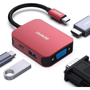 Hub Usb C 4 En 1, Adaptateur Usb C Vers Hdmi Vga, Adaptateur Usb Type-C Vers Usb, Compatible Pour Macbook Pro/Air, Iphone 15 Plus Pro Max, Surface Book 2, Dell Xps 13/15,Pixelbook Et Plus-Rouge - Neuf