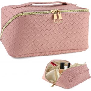 KALANKA-Trousse Maquillage, Trousse de Toilette, Imperméable Cuir PU Pochette Maquillage avec Compartiment Poignée, Double Couche Makeup Bag pour Voyage Rendez-Vous Camping (Rose) - Neuf