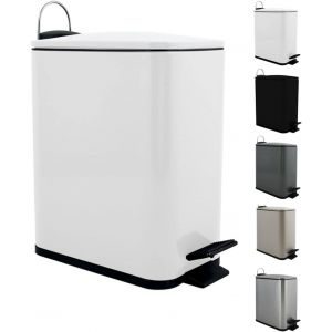 Poubelle à pédale 5 Litres,Modèle Erik,Rectangulaire,Fermeture douce et silencieuse grâce au système slow close,Utilisation sécurisée avec des pédales antidérapantes,Blanc Mat - Neuf