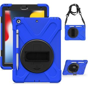 Coque Pour Ipad 10,2 9Ème/8Ème/7Ème Génération, Étui Antichoc Robuste, Support Pivotant, Bandoulière/Dragonne, Housse Hybride Résistante Pour Ipad 10,2"" 2021/2020/2019, Bleu - Neuf