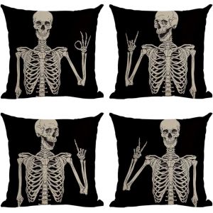 Housse De Coussin Squelette D'halloween, Décoration D'halloween, Lot De 4 Housses De Coussin Décoratives Vintage Crâne D'halloween 18"" X 18"", Taie D'oreiller Décorative Pour Intérieur Et Extérieur. - Neuf