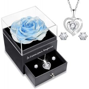 Rose Eternelle Avec Bijoux Argent 925,Collier Coeur Boucles D'oreilles,Coffret Cadeau Femme,Rose Pr&eacute;serv&eacute;e Avec Collier,Cadeau Anniversaire Femme,Amour Cadeau,Fete Des Meres,No&euml;l,Saint-Valentin - Neuf