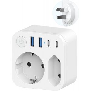 JGD-Connecteur de Voyage France vers l'Australie avec 4 Prises USB (2 USB-C), Adaptateur de Voyage &agrave; 2 Voies Sortie pour Nouvelle-Z&eacute;lande,Connecteur Schuko vers Type I pour l'Australie,Chine,l'Argent - Neuf