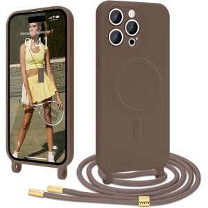 Kal-Coque Magnétique Pour Iphone 15 Pro Max Avec Cordon De Collier Réglable Housse De Protection Compatible Avec Magsafe En Silicone Tpu Etui Case Ultra Fine Pour Iphone 15 Pro Max Marron - Neuf