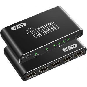 Répartiteur HDMI 1 Entrée 4 Sorties - Répartiteur HDMI en Aluminium - Compatible HDCP 4K 3D UHD 1080P HDTV Fire Stick Xbox PS3 PS4 Apple TV - Neuf