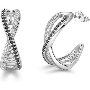 Chenquansarl-Boucles D'oreilles Creoles Infini Pour Femme Argent Sterling 925 Hypoallergénique Creoles Torsadé Avec Zircone Cubique Noire Et Blanche, Diamètre 20mm - Neuf