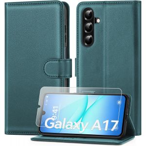 ELVORIX-Coque pour Samsung Galaxy A17 avec Verre Tremp&eacute;, &eacute;tui Cuir PU Magn&eacute;tique [ Pochette de Portefeuille ] Housse de Fonction Stand Video Porte Carte Credit &agrave; Rabat pour Samsung A17 Vert turquoise - Neuf