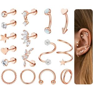 Kalhx-16pcs Piercing Helix 16g Boucles D'oreilles Femme Acier Inoxydable Oreille Piercings Cartilage Hypoallerg&egrave;ne Boucles D'oreilles Creoles Piercing Conch Tragus Helix (Or/Argent/Or Rose) - Neuf