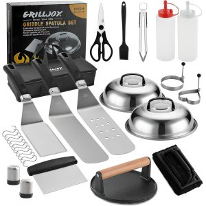 Ulteronixshop-Set Accessoires Plancha, Kit Smash Burger avec Set Spatule, Smash Burger Press, Kit Plancha Cadeau Homme Papa, 28PCS Ustensiles pour Brasero, Teppanyaki, Barbecue Ext&eacute;rieur, Camping - Neuf