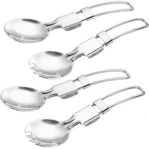 Ensemble De 4 Cuill&egrave;res Pliantes En Acier Inoxydable, Pour Pique-Nique, Camping, En Acier Inoxydable, Pour Miel, Pour Salade, En Titane, Pour Camping, Pour L'ext&eacute;rieur, Pour Salade, Vaisselle - Neuf