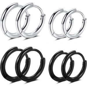 4 Paires Acier Inoxydable Boucles D¿Oreilles Anneau Homme Femme Boucles D Oreilles Créole,Boucles D'oreilles Cercles Cartilage Anneaux,Boucle D Oreille Petite (8 Mm, 14 Mm, Noir,Argent) - Neuf