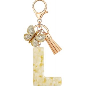 KAL-Porte-Cl&eacute;s Beige Avec Lettre Porte-Cl&eacute;s Fille Initiale Cadeau Femmes Porte-Cl&eacute;s Papillon D&eacute;corer Pour Sac Sac &Agrave; Dos Porte-Clef Gland Or Porte-Clef Femme A-Z - Neuf