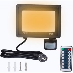 Dgbcz-50w Projecteur Led Exterieur Spot Avec Détecteur De Mouvement 3000k Blanc Chaud Dimmable 5000lm 72 Leds Avec Télécommande Ip66 Etanche Pour Jardin Patio Garage Entrée Etc - Neuf